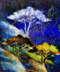 Painting tree, wallpaper landscape, color collage. and abstract grunge background with spots.