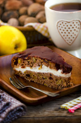 Birthday apple walnuts raisins cinnamon pie frosted with chocolate glaze
