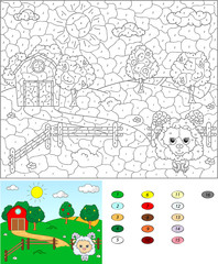 Color by number educational game for kids. Rural landscape with