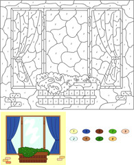 Color by number educational game for kids. Window with flower po