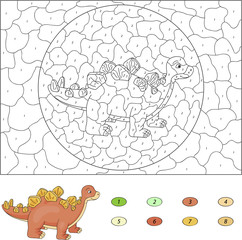 Color by number educational game for kids. Cartoon stegosaurus.