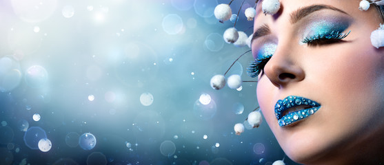 Christmas Makeup - Rhinestones On Lips And Snowy Eyelashes
