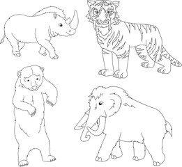 Set of mammoth, prehistoric bear, saber-toothed tiger and rhino.