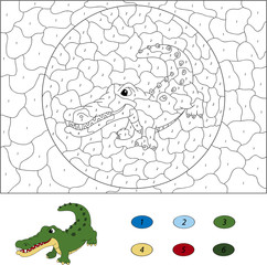 Color by number educational game for kids. Funny cartoon crocodi