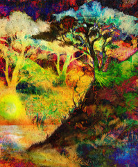 Painting sunset, sea and tree, wallpaper landscape, color collage. and abstract grunge background with spots, computer collage. Blue, black, yellow, green and violet color.