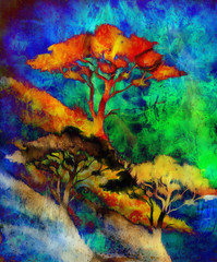 Obraz na płótnie Canvas Painting tree, wallpaper landscape, color collage. and abstract grunge background with spots. Blue, black, yellow, green color.