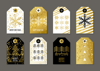 Vector holiday gift tags and outline label set with golden textu