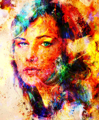 Young woman portrait, color painting on abstract background, computer collage. Eye contact.