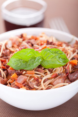 Spaghetti with rabbit and tomatos