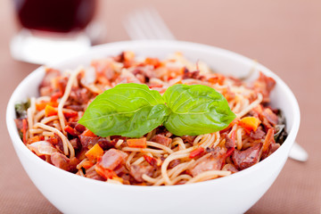 Spaghetti with rabbit and tomatos