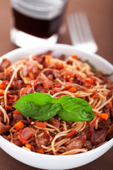 Spaghetti with rabbit and tomatos