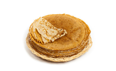 Pancakes or Russian Blintzes on white background. Selective focus.