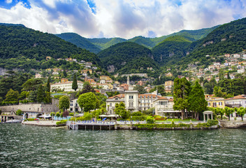 Fototapeta na wymiar Moltrasio town and garden, Como Lake district landscape. Italy,