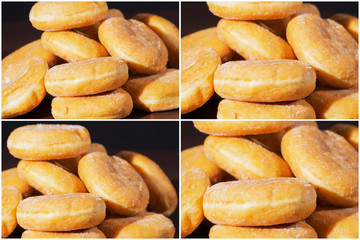 Group of fresh baked cinnamon donuts and raspberry jam with a multiple effect.