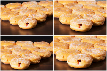 Group of fresh baked cinnamon donuts and raspberry jam with a multiple effect.