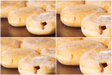 Group of fresh baked cinnamon donuts and raspberry jam with a multiple effect.