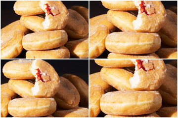 Group of fresh baked cinnamon donuts and raspberry jam with a multiple effect.