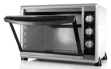 Opened kitchen oven, isolated on white