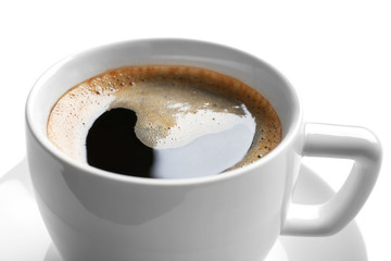 A cup of tasty coffee, isolated on white, close-up