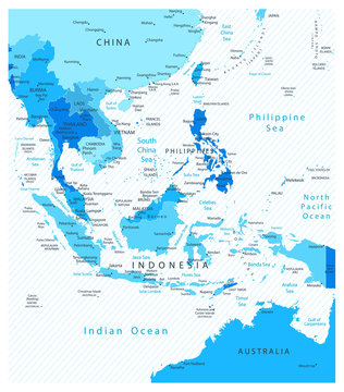Southeast Asia Detailed Map Blue Colors