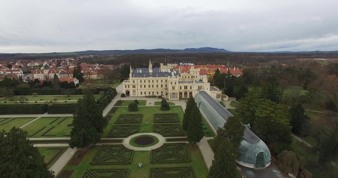 Aerial view of Lednice Castle in Czech Republic