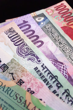 Close up of various country currency note. Soft focus and selective focus image