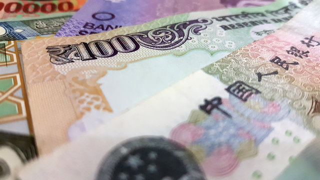 Close up of various country currency note. Soft focus and selective focus image