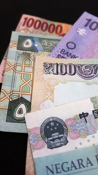 Close up of various country currency note. Soft focus and selective focus image