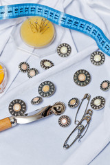 Buttons, pins, needles, measuring tape. Crafts .