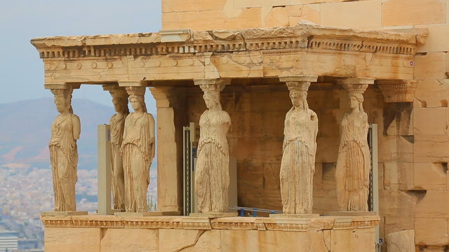 Antique marble Porch of Maindens at Greek Erechtheion in Athens, architecture
