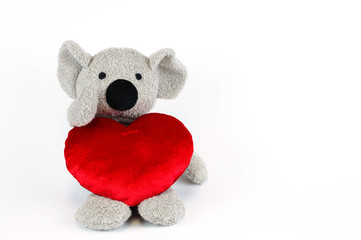 cute koala with red heart on white background