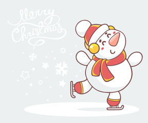 Vector illustration of skating white snowman with red scarf on g