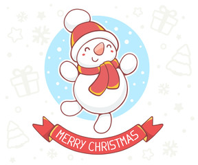 Vector illustration of standing full length snowman with red rib