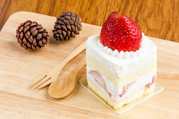 Strawberry cake on wooden background, Cake with strawberries.