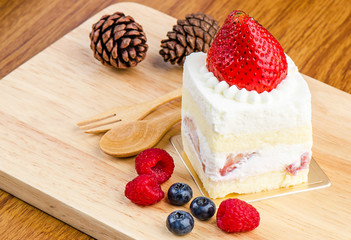 Strawberry cake on wooden background, Cake with strawberries.