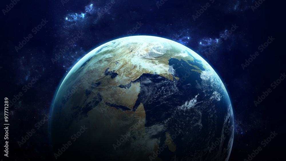 Wall mural high resolution planet earth view. the world globe from space in a star field showing the terrain an