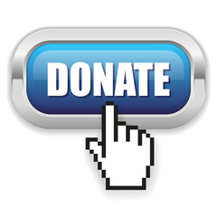 Blue donate button with metal border and hand cursor 