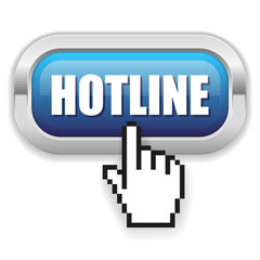 Blue hotline button with metal border and hand cursor 