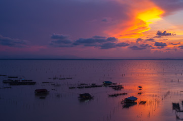 Landscape of Fish Farm in Songkhla Lake at Sunset, Songkhla, Thailand
