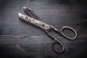 Vintage rusty scissors on wooden board