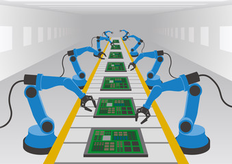 robot hands and conveyor belt, Factory automation, Industry 4.0, Internet of Things, vector illustration