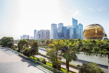 Fototapeta premium skyline and empty square front modern buildings