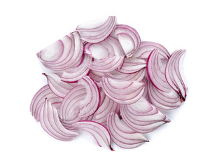 stack of sliced red onion, shallots on white background