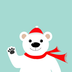Big white polar bear in santa claus hat and scarf, waving hand paw Merry Christmas Greeting Card. Blue background. Flat design