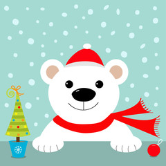Big white polar bear in santa claus hat and scarf. Merry Christmas Greeting Card. Blue background with snow. Fir tree, ball. Flat design
