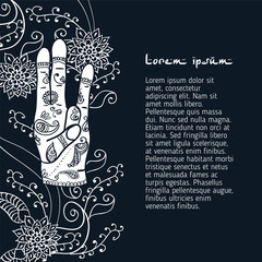 Element yoga Surya mudra hands with mehendi patterns.