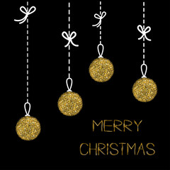 Hanging christmas balls. Dash line with bows. Gold glitter. Merry Christmas greeting card. Black background.