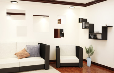 3d interior corner of the living room with a sofa, chair, bookshelves and other interior elements.