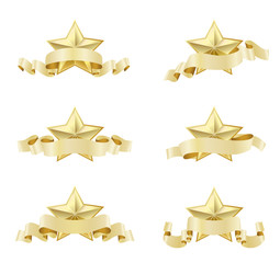 set of golden realistic stars with ribbons on white