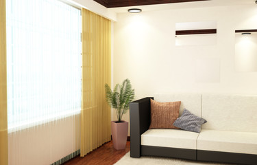3d interior corner of the living room with a sofa, plant and other interior elements.